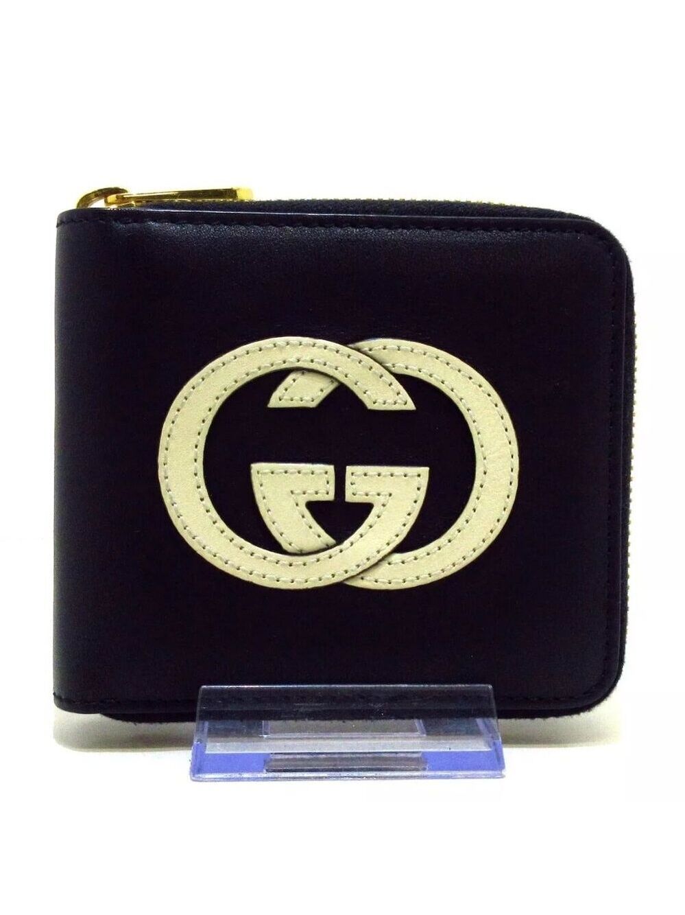 GUCCI Interlocking G, basket zip-around wallet Black Cream Leather -390-012425